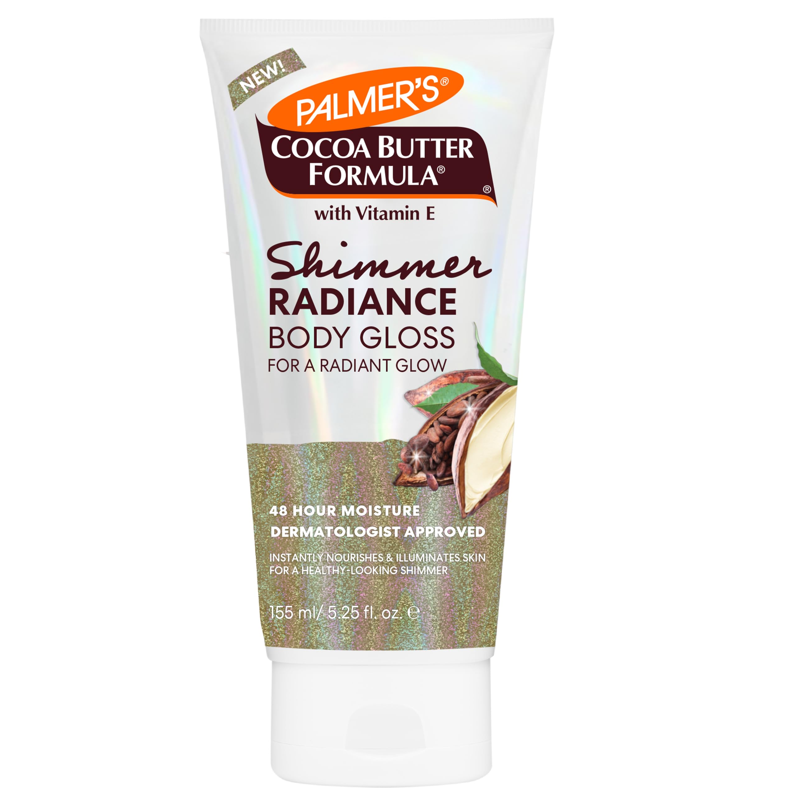 Palmer's Cocoa Butter Formula Shimmer Body Lotion with Vitamin E, 5.25 Fl Oz, Radiance Body Gloss, Help Blur Veins, Cellulite, Marks, 48 Hour Moisture